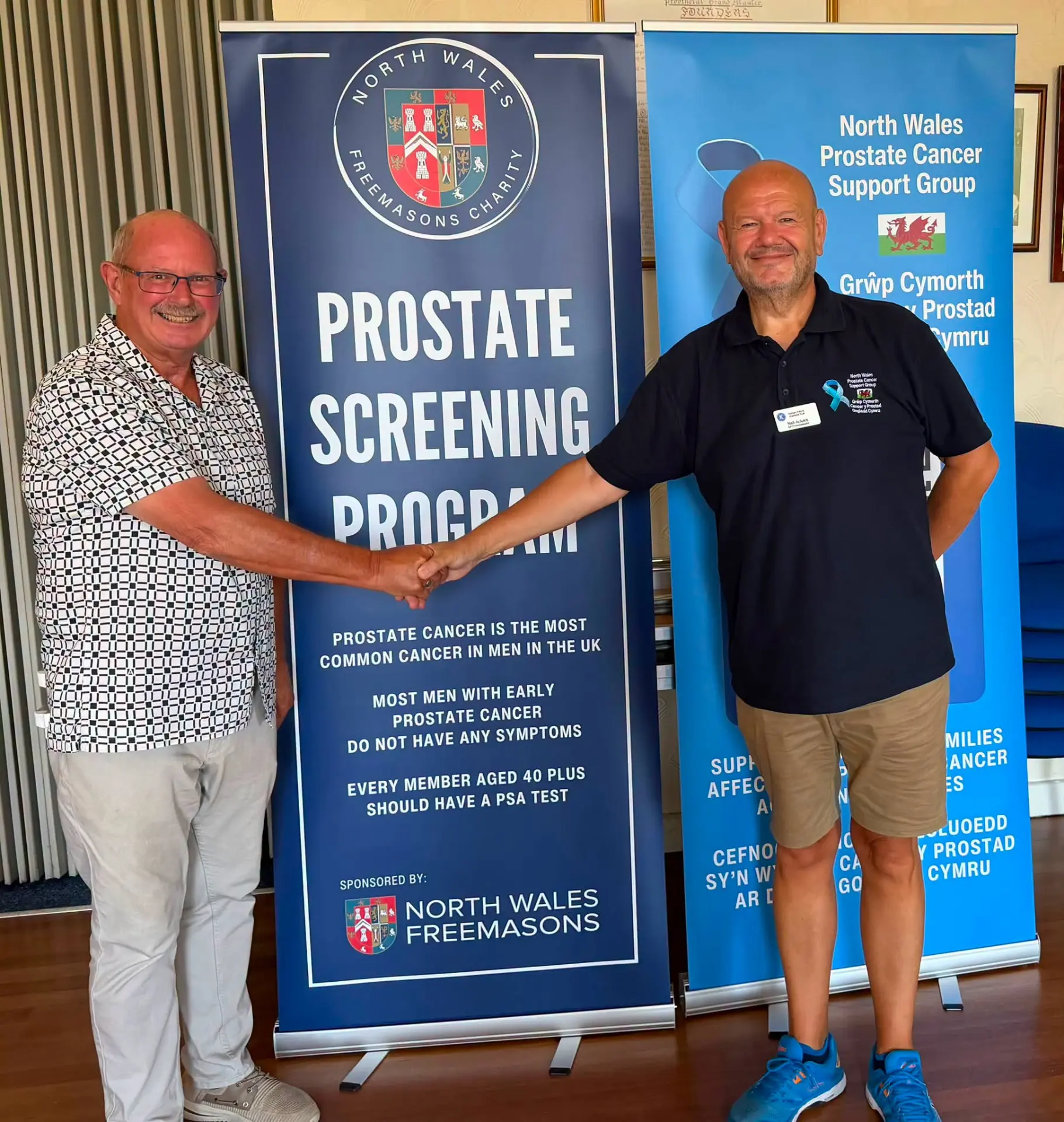 We are proud to work very closely with with the North Wales Freemasons.
Cheque presentation by Assistant Provincial Grand Master Philip A. James, North Wales Province of Freemasons to North Wales Prostate Cancer Support Group on 11/07/26