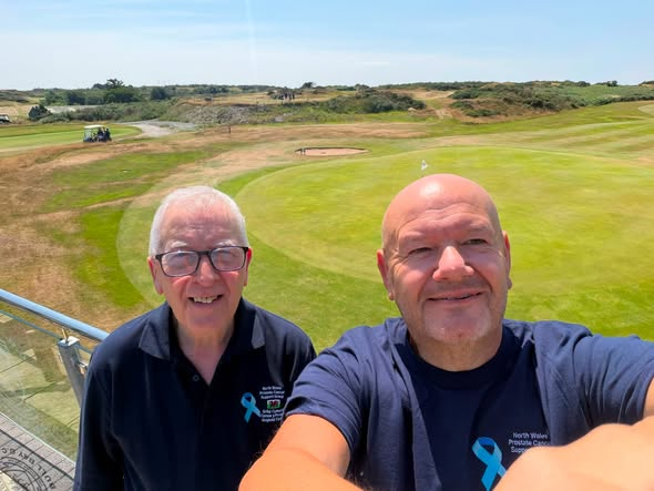 David and Neil wearing North Wales Prostate Cancer Support Group shirts at Bull Bay Golf Club