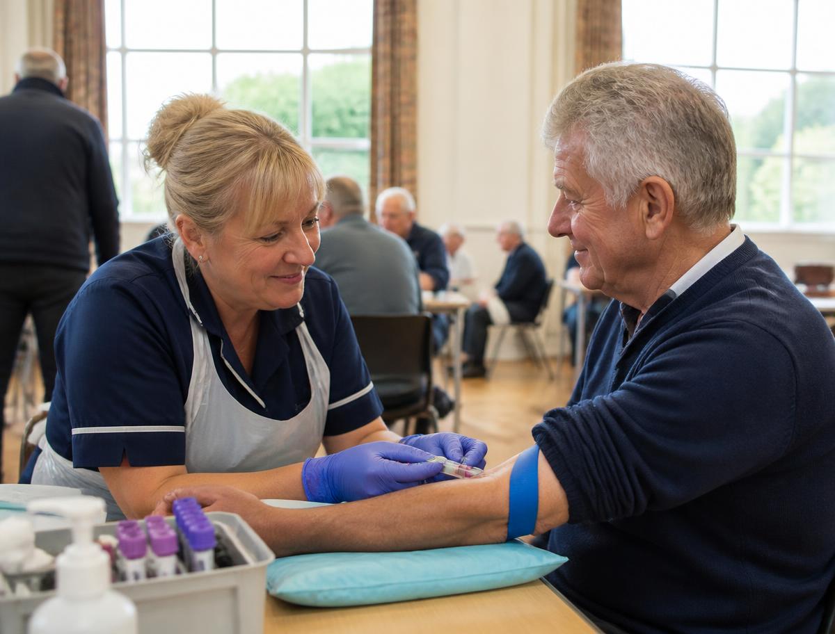 A nurse taking a blood sample from an older man at a community PSA testing event